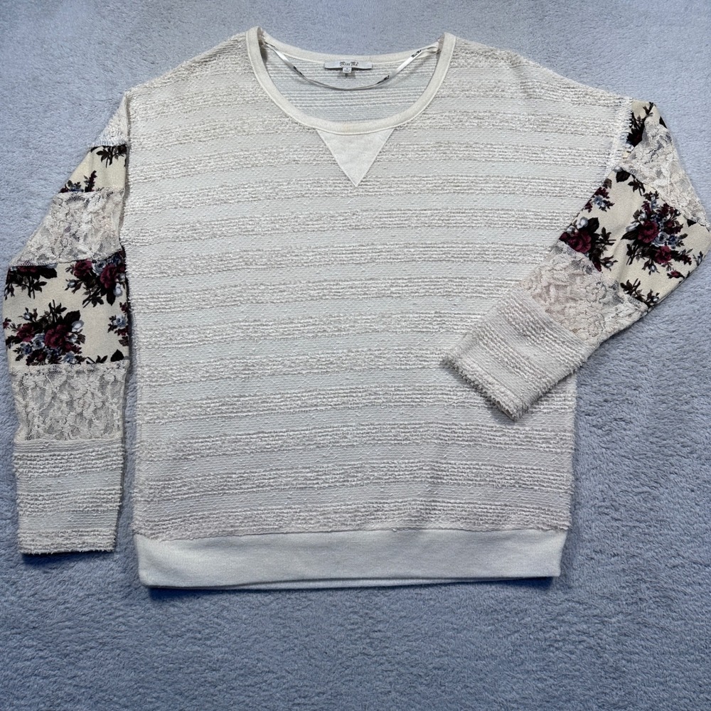 Miss Me Floral Lace Sleeve Top‎ Women's Small Textured Knit Pullover Sweater